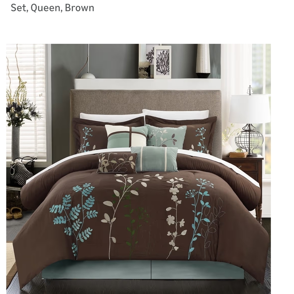 Elegant Floral Comforter Set in Brown and Blue